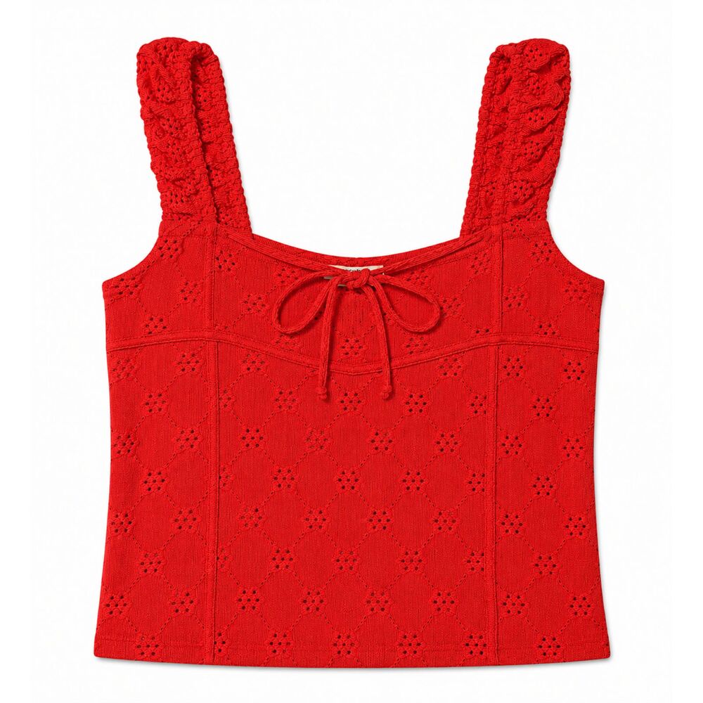 Kimchi Blue Red Eyelet Tie Front Crop Top Women's Size S Boho Cottagecore
